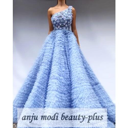 2021 Light Blue Long Tiered Prom Dresses One Shoulder Flowers Sleeveless Formal Evening Party Ball Gown Robe De Soiree
