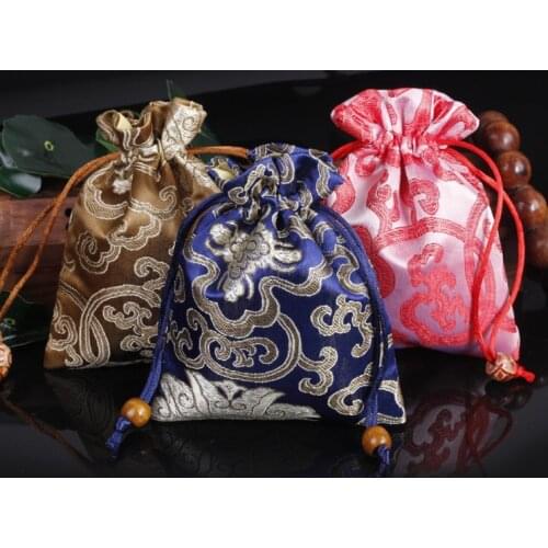 Thicken Rich Flower Small Jewelry Gift Pouch Drawstring Silk Brocade Packaging Bag Trinket perfume Makeup Tools Storage Pocket
