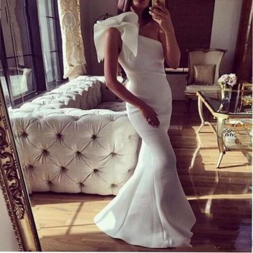 White Evening Dresses 2020 One Shoulder Satin Mermaid Prom Dresses Floor Length Cocktail Party Dress Women Cheap Formal Wear