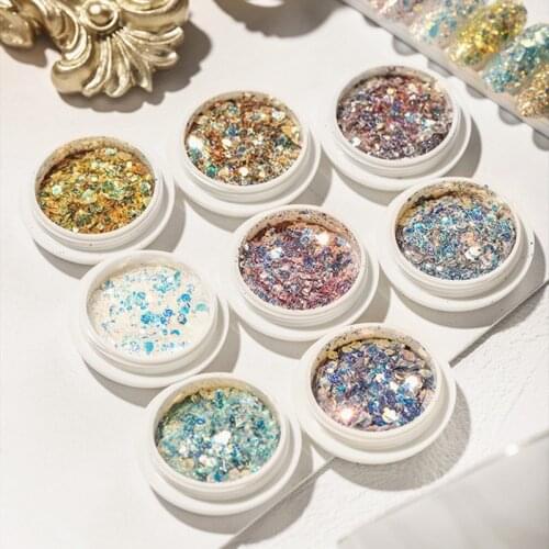 Nail Glitter Sequins Holographic Irregular 3D Flakes Hexagon Gradient Acrylic Nail Tool Mixed Color Mirror Powder Nail Glitter