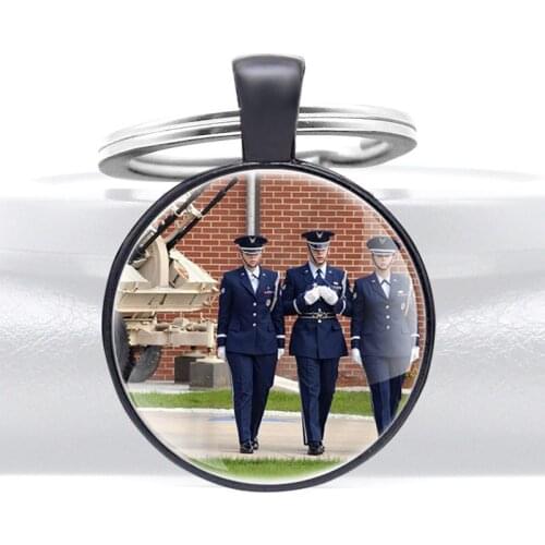 American Soldier Design Black Unique Glass Dome key Chains Men Women Key Ring Jewelry Gifts