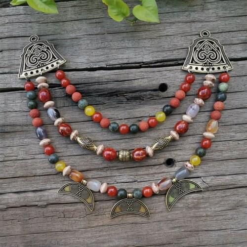 Ethnic Necklace 10mm Stone Beads,Red Onyx,Ceramic Bead,Moon Pendant,Unique Ethnic Jewelry,Bronze Ethnic Set Jewelry Gift For You
