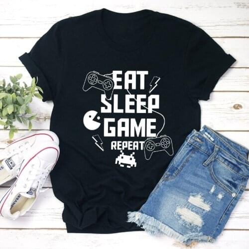 Eat Sleep Game Repeat T-shirt Funny Game Controller Tshirt Casual Women Short Sleeve Hipster Graphic Top Tee Shirt