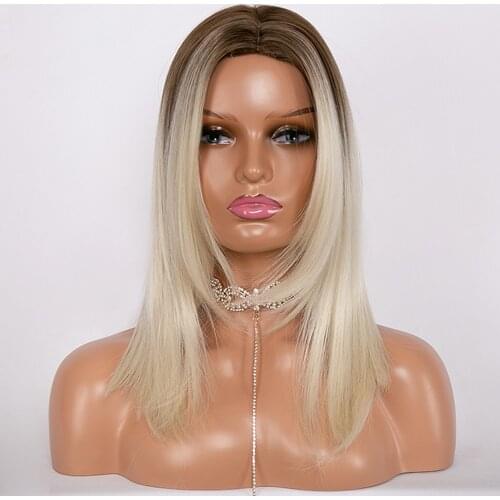 GRES Middle Part Wig for Women Blonde Ombre Hair Medium Straight Layered Bob Synthetic Wigs High Temperature Fiber Cosplay Wigs