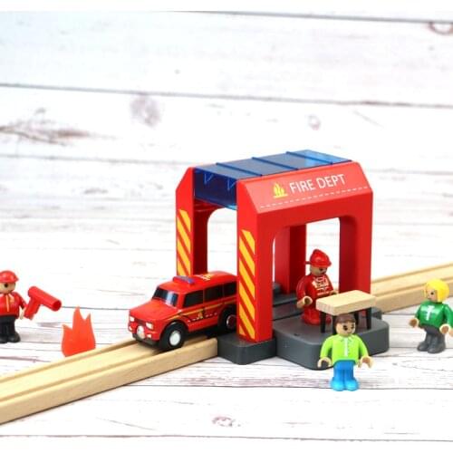 Simulation Fire Station Fire Station Wood Track Accessories Compatible with Train Trolley Wooden Railway Track Rail Toys for Kid