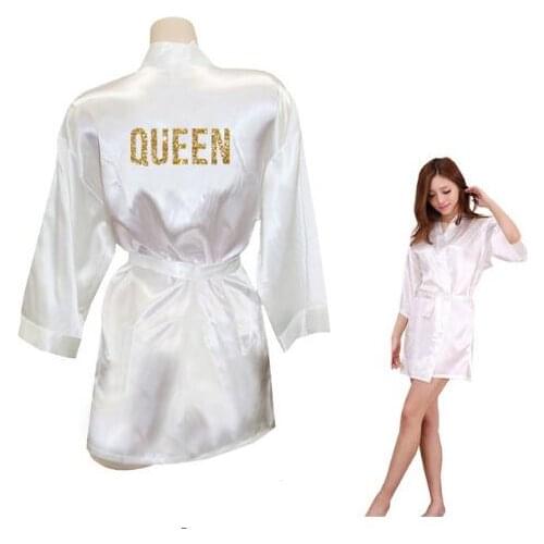 QUEEN Golden Glitter Print Kimono Robes Faux Silk Women Bachelorette Robes Men Gifts For Her Free Shipping