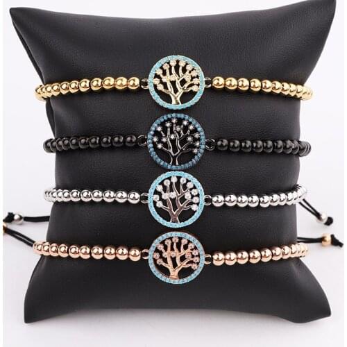 Classic Design CZ Pave Life Tree Charm Small Stainless Steel Beads Macrame Bracelet Women Men