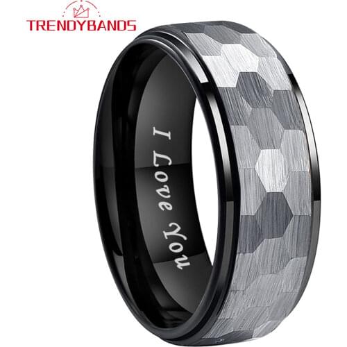 8MM Black Hammered Tungsten Carbide Ring For Men Women Wedding Band Stepped Edges Comfort Fit