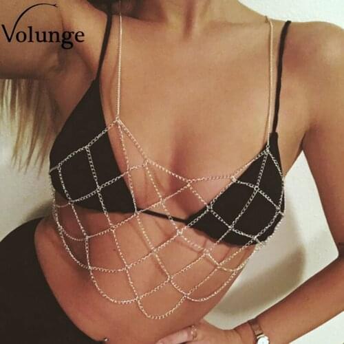 Volunge 2017 Fashion Sexy Bikini Chest Chain Gold Color Net Grid Tassel Necklace Summer Beach Body Jewelry Metal Alloy Bra Chain