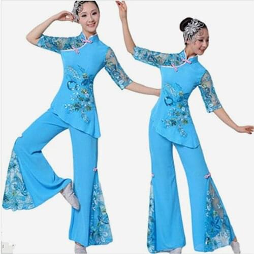 Women Chinese Folk Dance Top and Pant+Headwear Set Girls Ancient Chinese Suits Chiffon Traditional Chinese Dance wear red ,blue