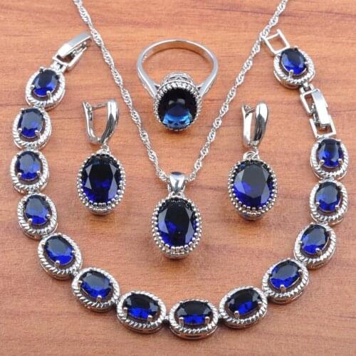 For Women Wedding Jewelry Set With Bracele Blue Crystal Silver Plated Engagement jewelry Earrings and Necklace Ring Sets JS0193