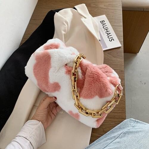 Fashion Velvet Cow Pattern Plush Bag for Women New Winter Zipper Shoulder Bag Ladies Fashion Cloud Bag Hobos Bag
