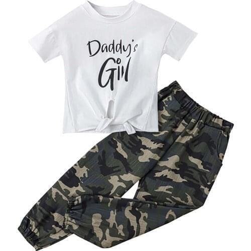 Fashion Girls Clothes Set Kids Girls Clothing Suit Letter Print T-shirt Camo Pants 2 Pcs Set Children Tracksuit Summer Outfits