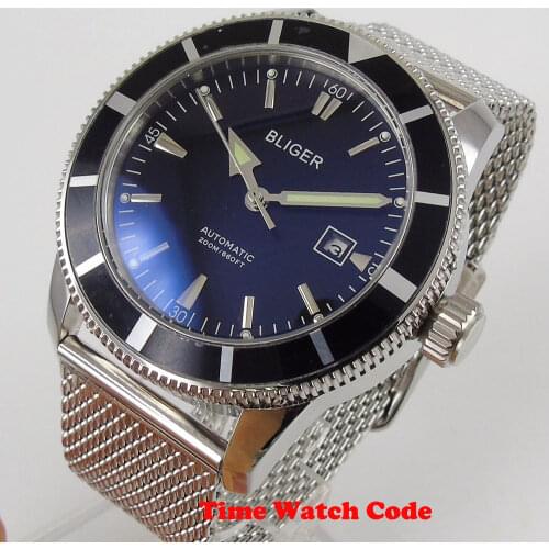 46mm Mens Automatic Wristwatch Date Display Alloy Bezel Insert Mingzhu2813 Movement Mesh Band Polished Case Big Face
