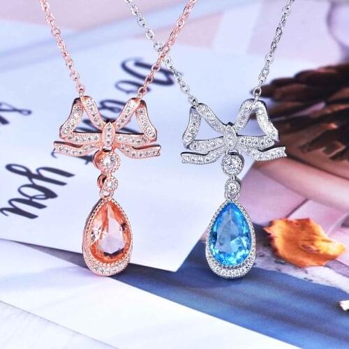 New Bule Stone Natural Topaz Necklaces Fashion18k Gold Real Gold Chain Luxury Pendant Necklace Collares Joyeria Mujer Diamond
