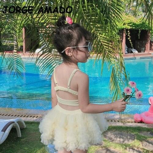 2021 New Summer Kids Girls Swimwear One Piece Candy Color Sling Tutu Swimsuit Children Cute Style Hot Spring Clothes E2539