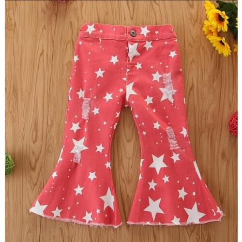 New Kids Girl Flare Pants Ruffle Trousers Ripped Hole Keep Warm Winter Fall High Waist Wide-Leg Denim Star Printed Clothes