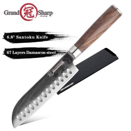 Grandsharp Damascus Steel Knife 67 Layers Japanese Damascus Steel Damascus Kitchen Knife Santoku Sushi Sashimi Walnut Handle