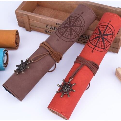 Retro Pirate Treasure Map Pencil Cases Roll Pen Bag PU Leather Storage Pouch For Stationery School Supplies Makeup Cosmetic Bag