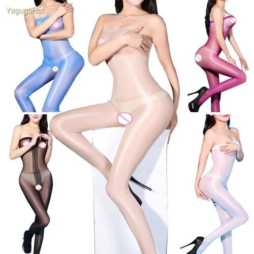 Silky Tube Hot Erotic Lingerie Lenceria Babydoll Body Stocking Teddy Catsuit Liquid Open Crotch Bodysuit Thigh High Underwear