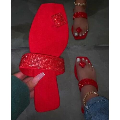 Women Flat Slippers Ladies Clip Toe Bling Crystal Woman Square Toe Casual Comfortable Flip Flops Womens Slides Female Shoes 42