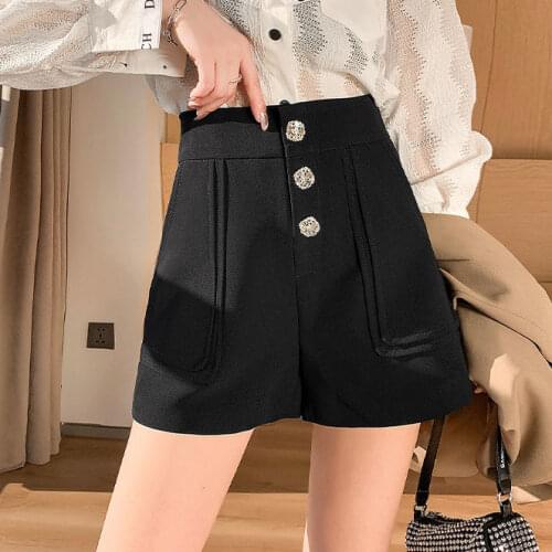 New Spring Autumn High Waist Double Breasted Shorts Chic Diamond Button Solid Color Wide Leg Shorts Lady Streetwear Short Pants