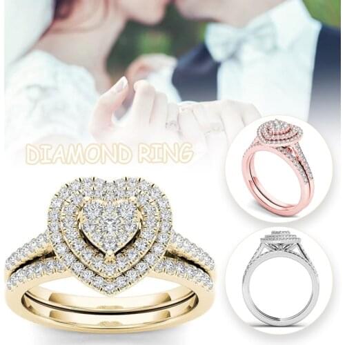 Bride Wedding Finger Ring Heart Rhinestone Ring Fashionable Alloy Ring Elegant Charming Jewelry Exquisite Gift for Women Girls