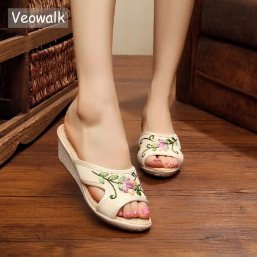 Veowalk 3D Flower Embroidered Handmade Women Linen Wedge Espadrilles Slippers Summer Ladies Comfortable High Heel Slide Shoe