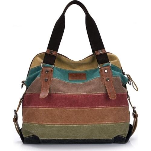 Yogodlns Canvas Totes Striped Womens Handbag 2021 Patchwork Rainbow Shoulder Bag Fashion Female Casual Crossbody Bag Sac a Main