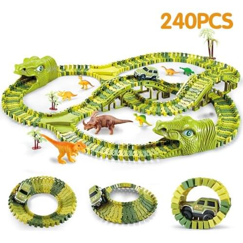 Dinosaur Railway Toy Car Track Racing Track Toy Set Educational Bend Flexible Race Track Flash Light Car Toys For Children Boys
