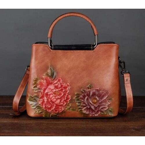 Handmade Embossing Genuine Leather Women Tote Bag 2021 Summer Retro Floral Handbag Casual Tote Lady Large Capacity Shoulder Bags
