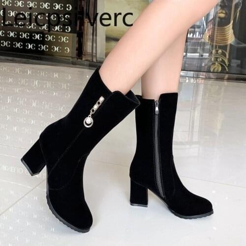 Womens Boots New winter fashion Round head zipper High heel Middle tube Womens shoes plus size 33-43 Heel Height 6.5cm black