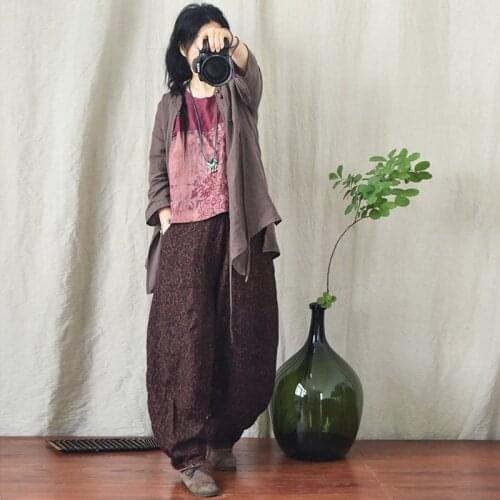 Women Loose Elastic Waist Printed Linen Pants Trousers Ladies Loose Print Bloomers Female Print Flax Pants 2021 Summer Autumn