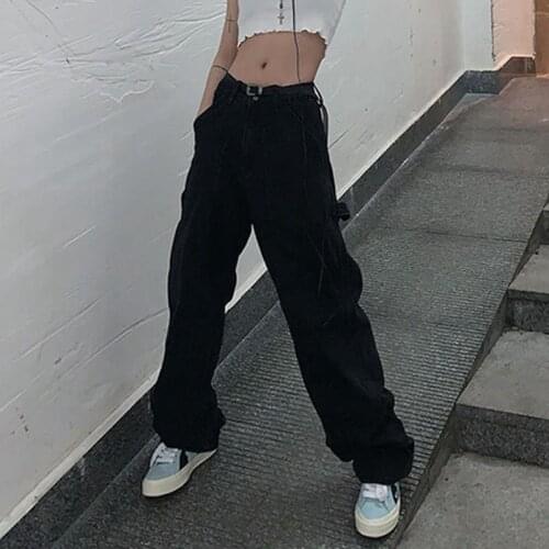 Harajuku Women Wide Leg Jeans Retro Y2K Vintage Black Streetwear Cargo Pants Loose Fashion Boy Friend Baggy Denim Jeans Trousers