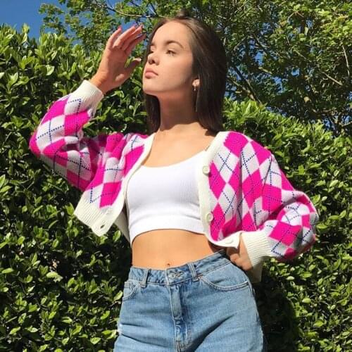 IMucci Plaid Women Cardigan Crop Top Single Breasted Sexy V-Neck Woman Sweaters Pink 2020 Fall y2k Long Sleeves Tops Female