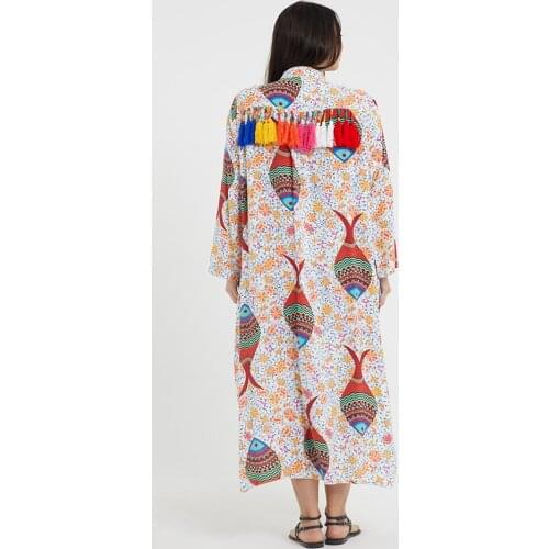 Fish Patterned Back Side Handmade Tassel Detail Long Shirt Dress 2021 New Season Womens Clothing Collections Elegant Fashion
