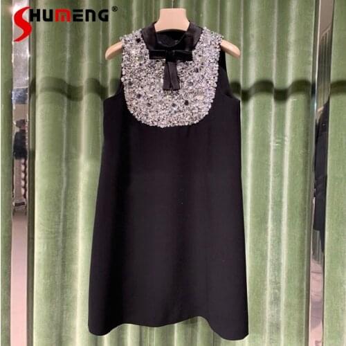 2021Summer Sleeveless Rhinestone Handmade Beaded Black Birthday Dress for Women Bowknot Sleeveless A- Line Mid Dresses Female