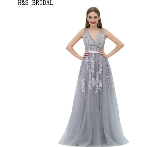 H&S BRIDAL appliques ssyfashion lace v-neck long evening dress Gray Tulle Evening Gowns V back Evening Party Dresses casamento