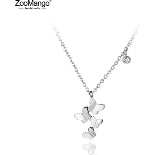ZooMango Trendy Stainless Steel Butterfly Pendant Necklaces Jewelry CZ Crystal Chain Choker Necklace For Women Girls ZN19004