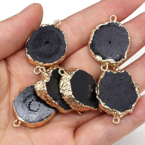 1PC Natural Stone Connector Charm Pendant Round Black Agates Double Hole for Jewelry Making DIY Necklace Bracelet 15x20-20x30mm