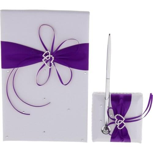 3pcs/Set Wedding Ceremony Rhinestone Double Heart Satin Crystal Guest Book Pen & Pen Stand for Wedding Reception