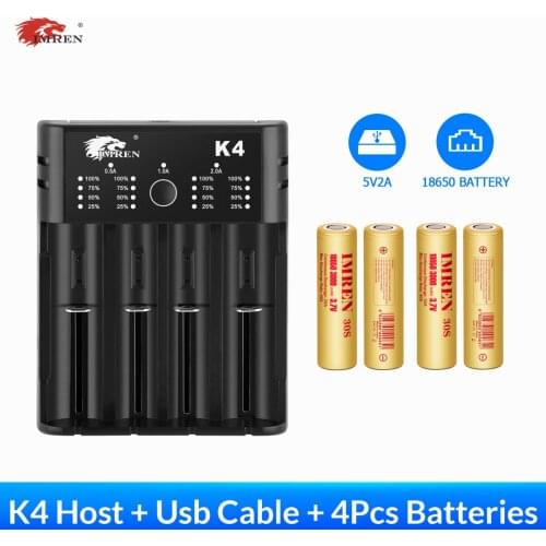 IMREN K4 Rechargeable Batteries 5V2A USB Charger AA AAA 18650 26650 21700 17350 18350 14500 16500 + 4Pcs 18650 3000mAh Batteries