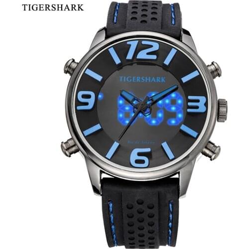 TIGERSHARK Fashion Sport Watch Men Automatic Date Rubber Band Digital Quartz Watches Blue Color 30M Waterproof Relogio Masculino
