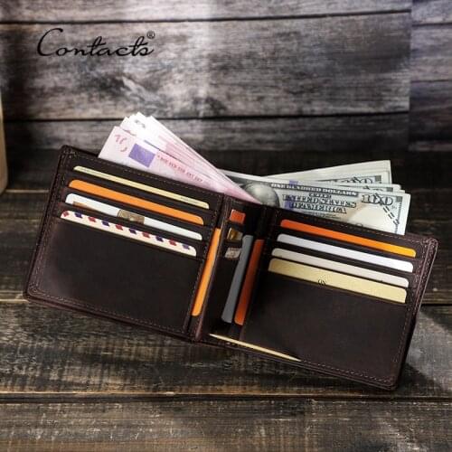 CONTACTS Genuine Leather Men Wallet RFID Portable High Quality Male Short Wallet Small Card Holder Clutch Coin Purse Portomonee