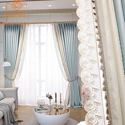 French Luxury Silk Texture Lace Stitching Curtains Blackout Curtains for Living Room Bedroom Finished Product Customization