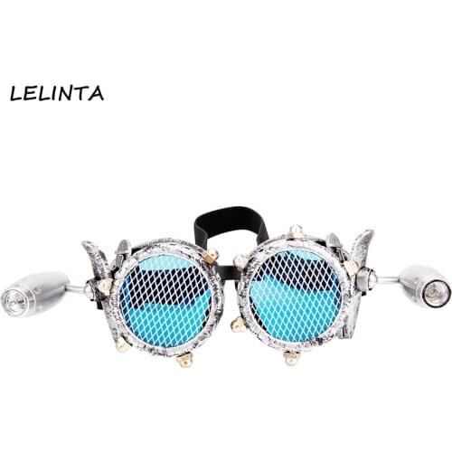 LELINTA Blue Lenses Glasses Steampunk Goggles With Two Lamps Rave Festival Party Glasses Cosplay Punk Vintage Glass Eyewear