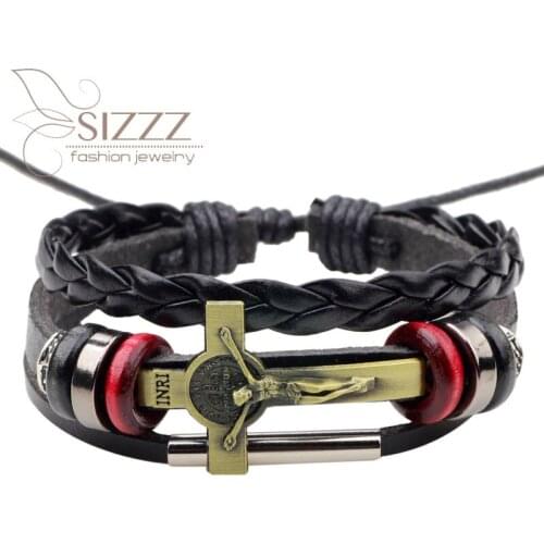 SIZZZ 2019 European and American Jesus cross woven beaded leather bracelet&bangles for women/men