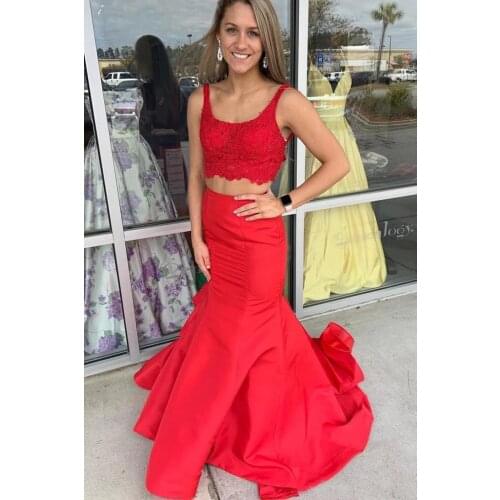 Red 2 Piece Mermaid Prom Dresses Long Scoop Neck Lace Satin Formal Evening Party Gowns Robe De Soiree