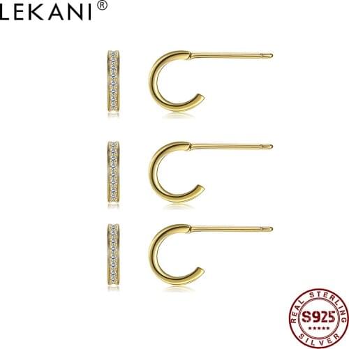 LEKANI 925 Sterling Silver Letter C Shape Tiny Stud Earrings For Women Full Cubic Zirconia Gold Color Earring Silver Jewelry