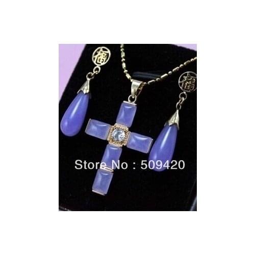 Hot sell Exquisite Purple Natural stone stone & Cross Pendant Necklace Earrings